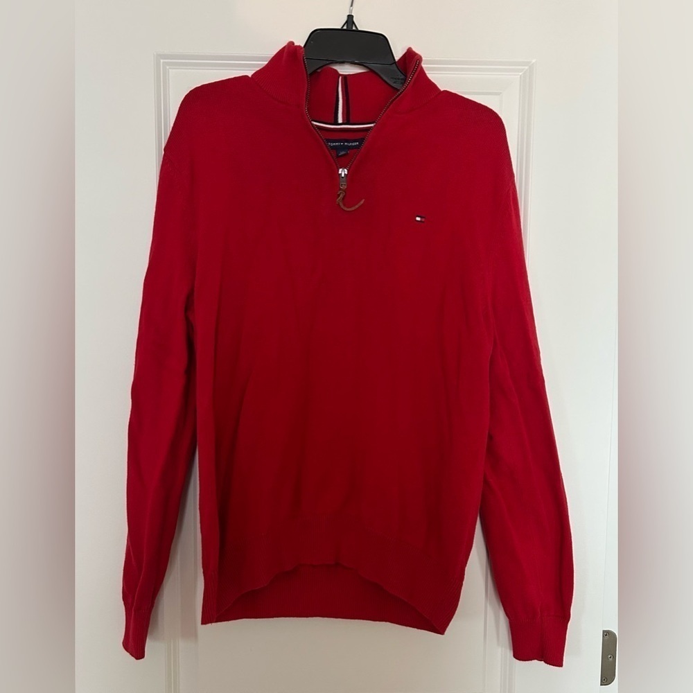 Tommy Hilfiger Men's Large 100% Cotton Red Quarter 1/4 Zip Sweater